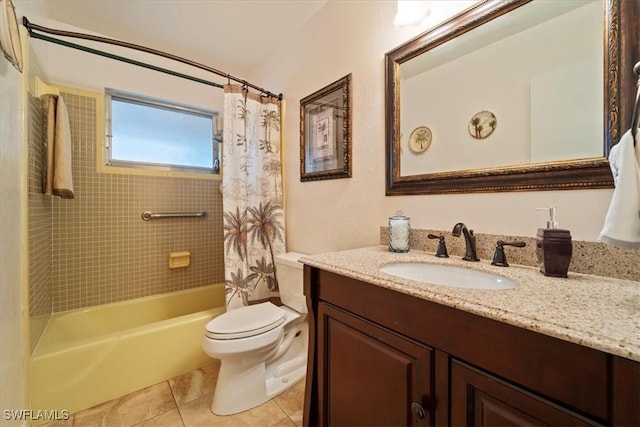 full bathroom featuring tile patterned floors, vanity, toilet, and shower / bathtub combination with curtain