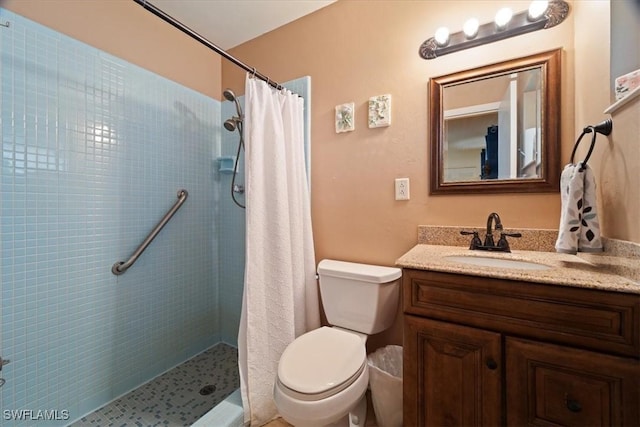 bathroom with vanity, toilet, and curtained shower