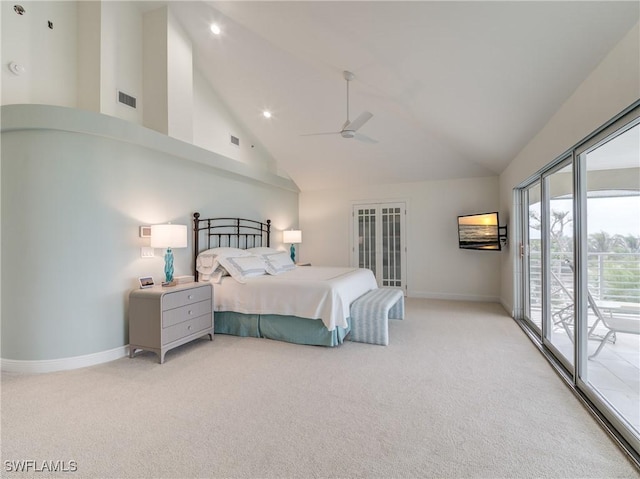 bedroom with ceiling fan, access to exterior, light colored carpet, and high vaulted ceiling