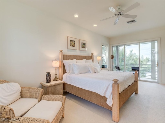 bedroom featuring recessed lighting, access to exterior, visible vents, a ceiling fan, and light colored carpet