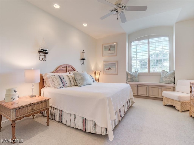 bedroom featuring recessed lighting, lofted ceiling, ceiling fan, and light carpet