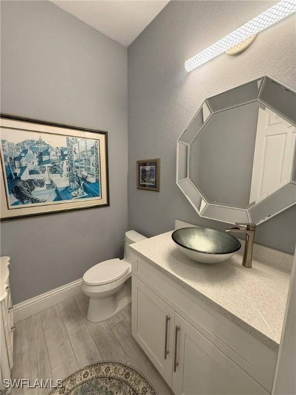 bathroom featuring vanity, wood-type flooring, and toilet