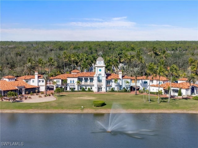 bird's eye view with a water view