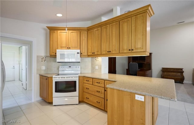 kitchen featuring light tile patterned floors, white appliances, tasteful backsplash, light stone countertops, and kitchen peninsula