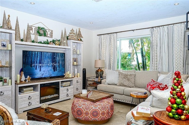 living room with light tile patterned flooring