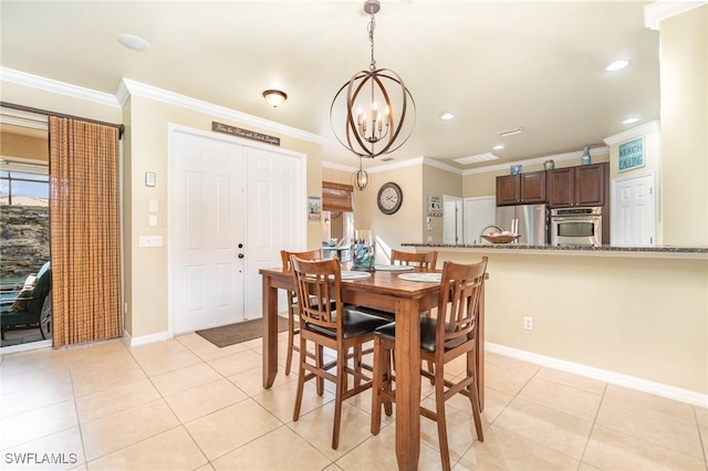 tiled dining area with crown molding and a notable chandelier