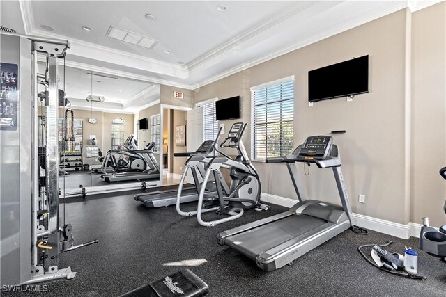 workout area featuring ornamental molding and a tray ceiling