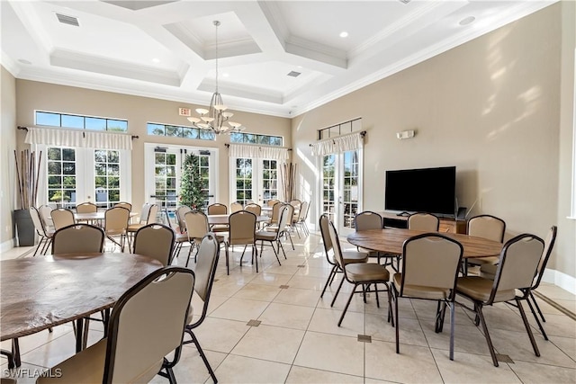 tiled dining room featuring french doors, coffered ceiling, beamed ceiling, a notable chandelier, and ornamental molding