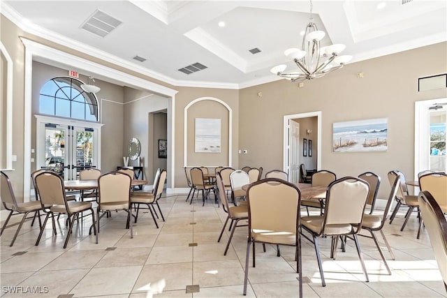 dining area with an inviting chandelier, plenty of natural light, coffered ceiling, and light tile patterned flooring