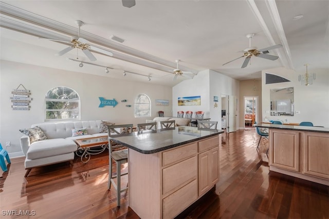 kitchen featuring a breakfast bar, light brown cabinets, a center island, and dark wood-type flooring