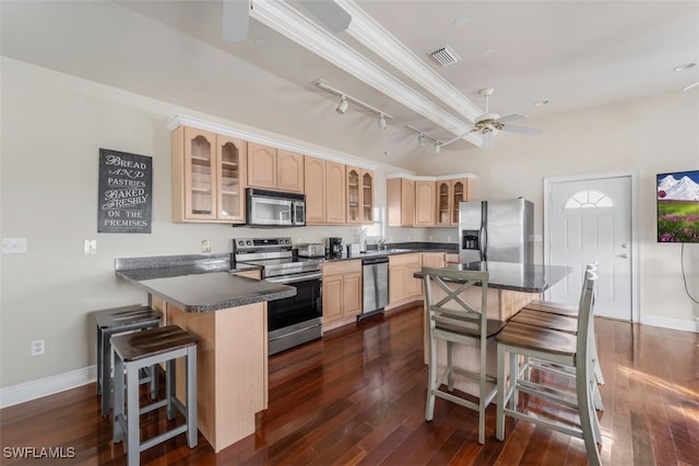 kitchen featuring a kitchen breakfast bar, light brown cabinets, dark wood-type flooring, and appliances with stainless steel finishes