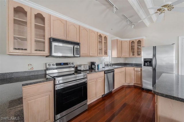 kitchen with ceiling fan, dark hardwood / wood-style flooring, dark stone counters, light brown cabinetry, and appliances with stainless steel finishes