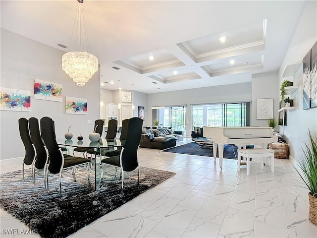 dining space featuring ornamental molding, an inviting chandelier, beamed ceiling, and coffered ceiling