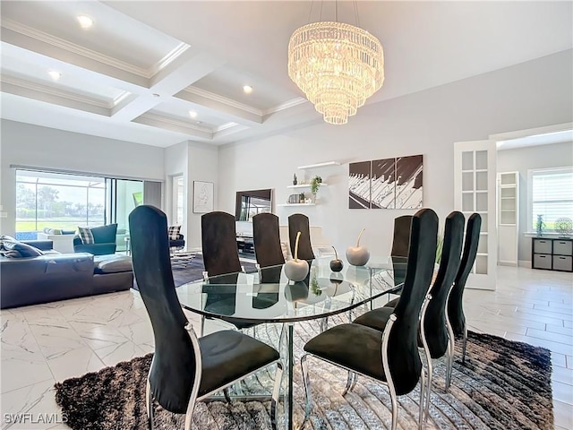 dining space with crown molding, coffered ceiling, beamed ceiling, and a notable chandelier