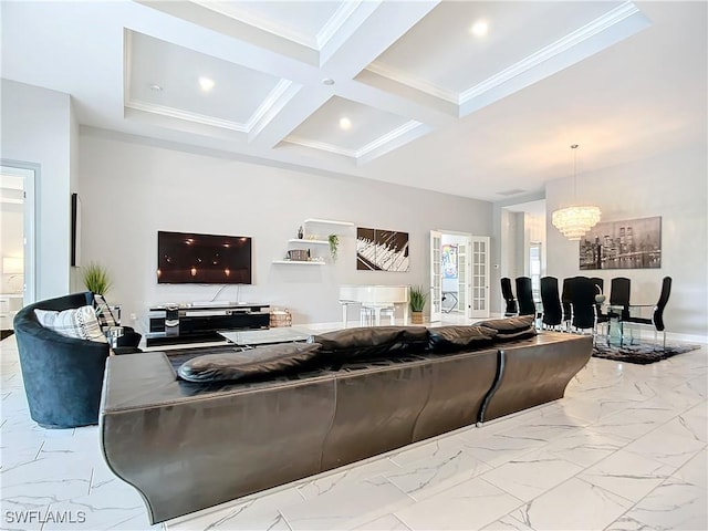 living room featuring crown molding, beam ceiling, a notable chandelier, and coffered ceiling