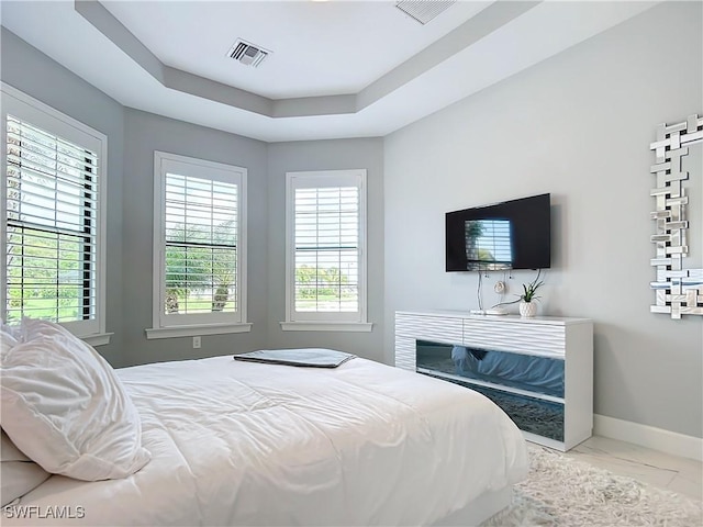 bedroom with multiple windows and a tray ceiling