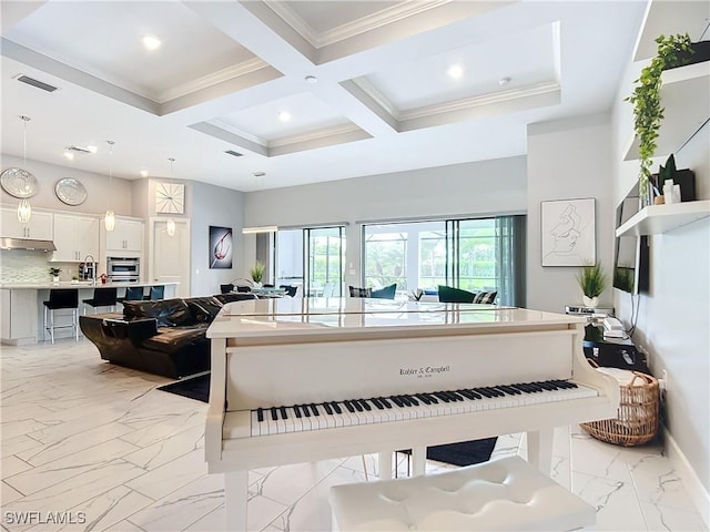 misc room with sink, coffered ceiling, beam ceiling, and ornamental molding