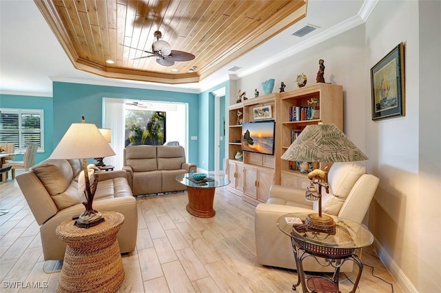 sitting room featuring a tray ceiling, ceiling fan, light hardwood / wood-style floors, crown molding, and wooden ceiling