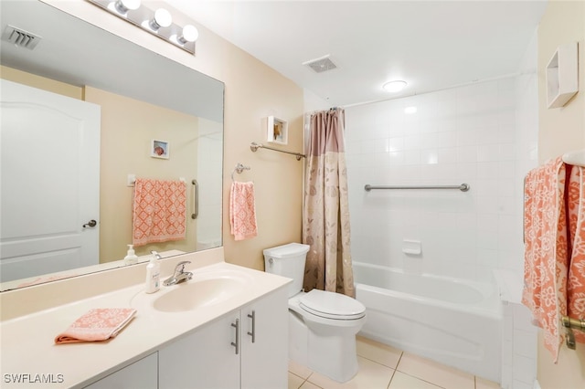 full bathroom featuring toilet, shower / tub combo, vanity, and tile patterned floors