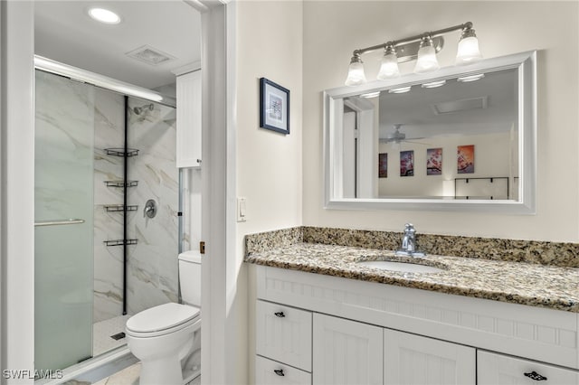18 Bob O Link Ct Unit 18B, Naples, FL 34105 - bathroom with a marble finish shower, vanity, a ceiling fan, and recessed lighting