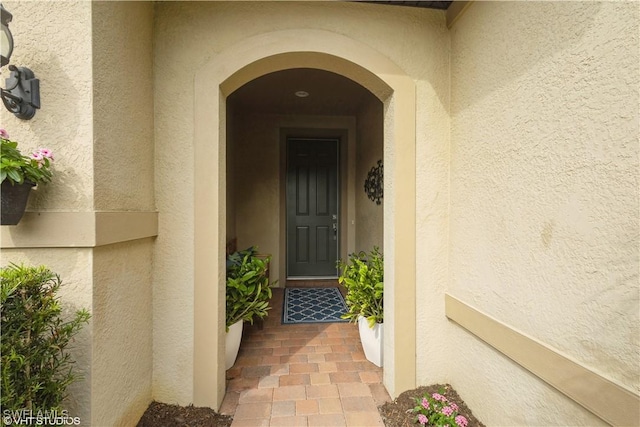 view of exterior entry featuring stucco siding