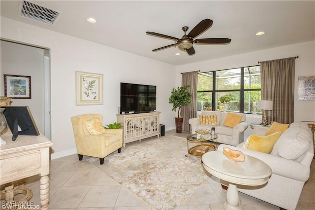 living room featuring recessed lighting, visible vents, ceiling fan, and light tile patterned flooring