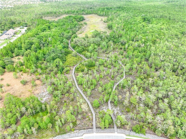 drone / aerial view featuring a view of trees