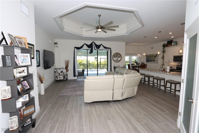 living room featuring hardwood / wood-style flooring, ceiling fan, and a raised ceiling