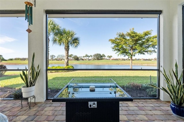 interior space featuring a water view