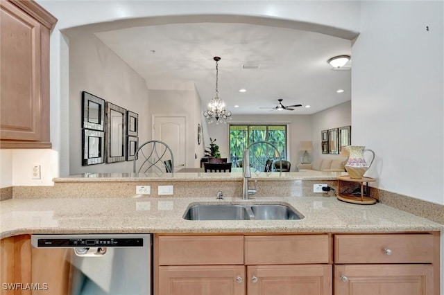 4350 Lazio Way Unit 1102, Fort Myers, FL 33901 - kitchen with stainless steel dishwasher, light brown cabinetry, light stone countertops, and recessed lighting