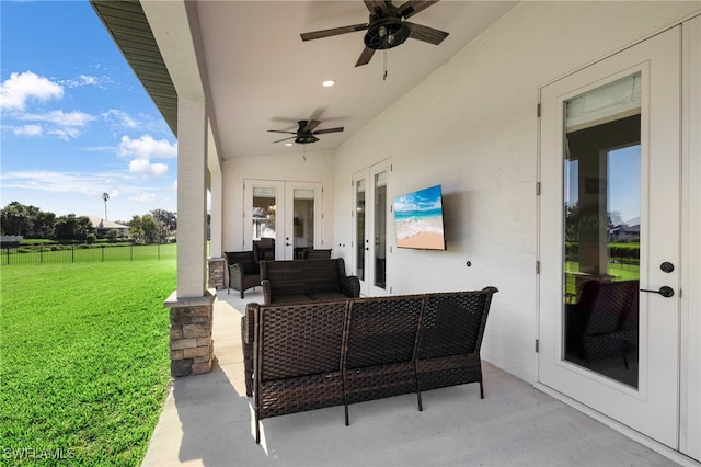 view of patio / terrace with ceiling fan, french doors, and an outdoor hangout area