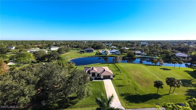 drone / aerial view with a water view