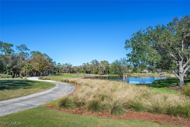 view of home's community featuring a yard and a water view