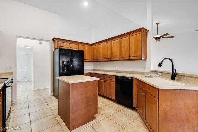 kitchen featuring kitchen peninsula, black appliances, high vaulted ceiling, ceiling fan, and sink