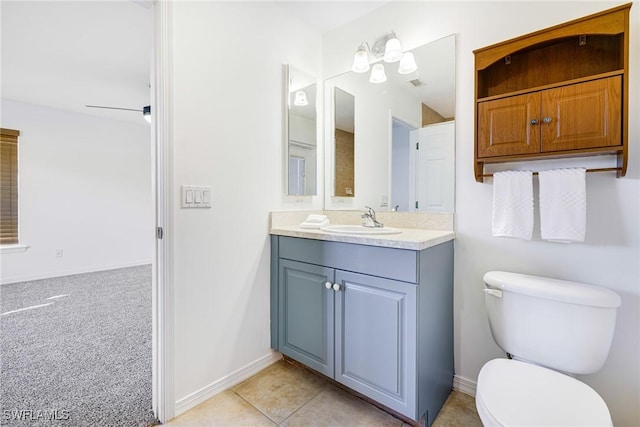 bathroom featuring ceiling fan, tile patterned flooring, vanity, and toilet