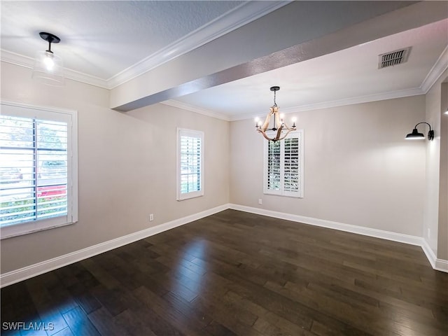 unfurnished dining area with dark hardwood / wood-style floors, crown molding, plenty of natural light, and a notable chandelier