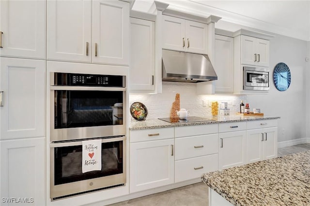 10064 Chesapeake Bay Dr, Fort Myers, FL 33913 - kitchen featuring appliances with stainless steel finishes, under cabinet range hood, light stone countertops, and white cabinetry
