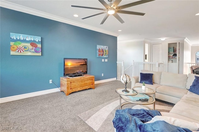 10064 Chesapeake Bay Dr, Fort Myers, FL 33913 - carpeted living area featuring a ceiling fan, crown molding, baseboards, and recessed lighting
