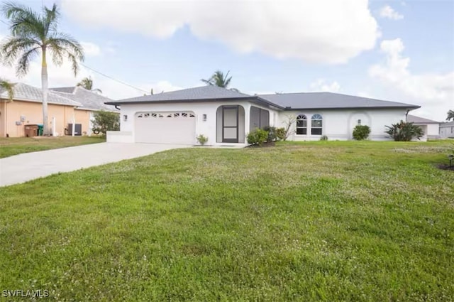 single story home with a front yard and a garage