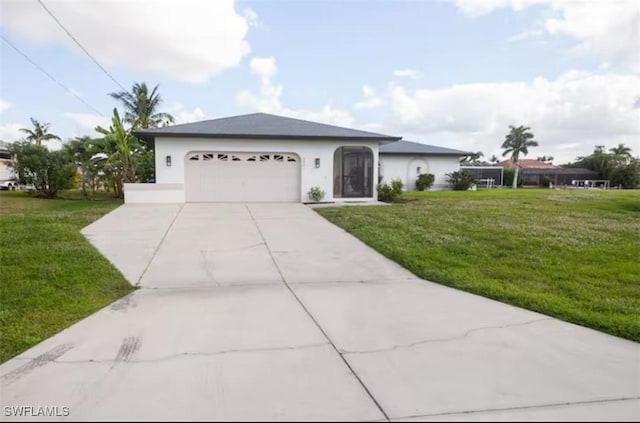 single story home with a front yard and a garage