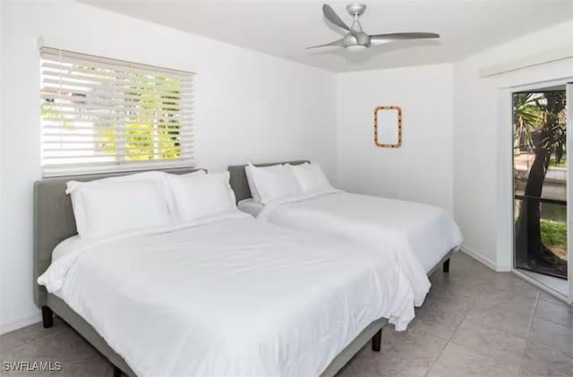 tiled bedroom featuring access to exterior and ceiling fan