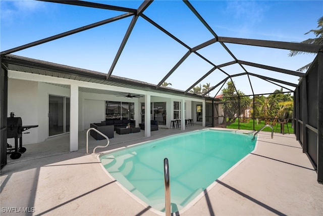pool with a patio, an outdoor living space, ceiling fan, and a lanai