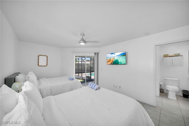 bedroom with light tile patterned floors, access to exterior, a ceiling fan, and ensuite bathroom