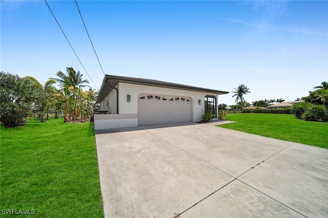 ranch-style house with a garage, a front lawn, driveway, and stucco siding