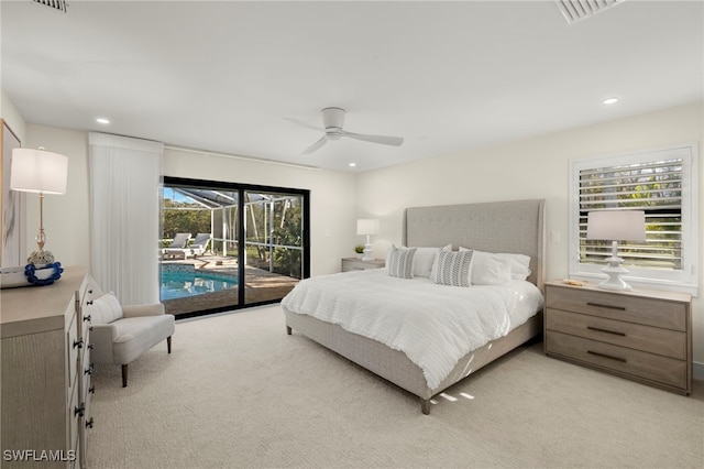 carpeted bedroom with ceiling fan and access to outside