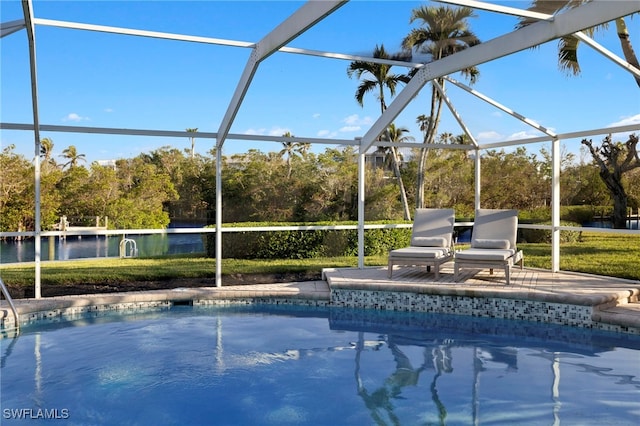 view of pool featuring a lanai and a water view