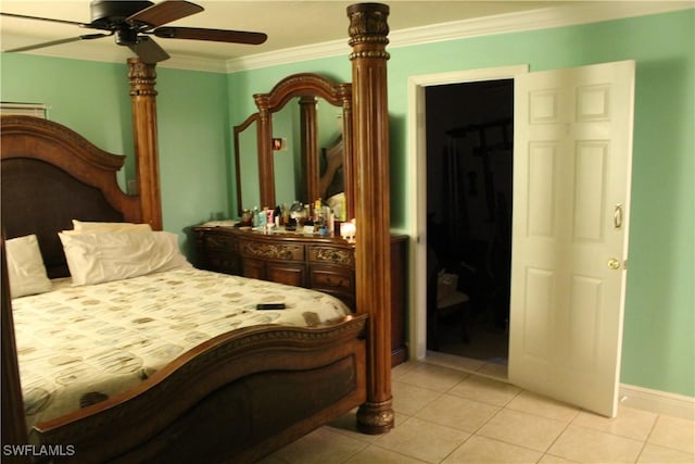 tiled bedroom with ceiling fan and crown molding