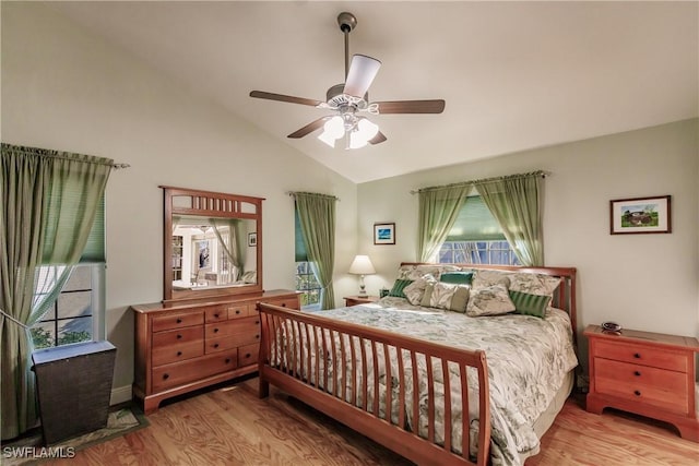 5471 Harborage Dr, Fort Myers, FL 33908 - bedroom featuring ceiling fan, lofted ceiling, and wood finished floors
