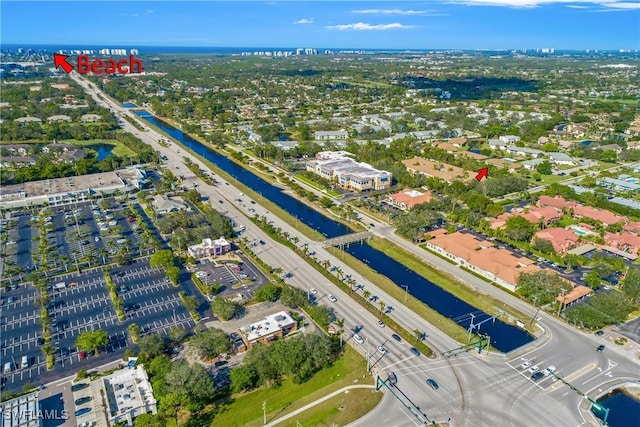 bird's eye view with a water view