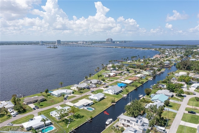 aerial view featuring a water view